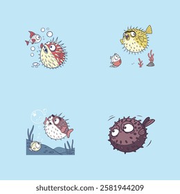  A stylized cartoon pufferfish puffed up in defense, surrounded by tiny bubbles. Perfect for ocean-themed designs, kids' illustrations, and marine life projects