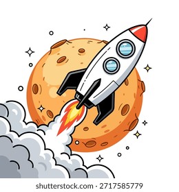 A stylized cartoon rocket ascends with a bright orange and yellow flame emanating from its engine, creating a trail of white smoke.