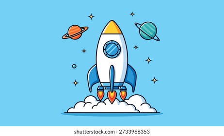 Eine stilisierte Cartoon-Rakete explodiert aus Wolken und steuert im Weltraum auf Planeten und Sterne zu.