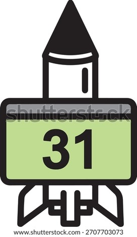 A stylized cartoon rocket ship with a black pointed nose cone and fins on a light green rectangular body featuring the number 31 in black.