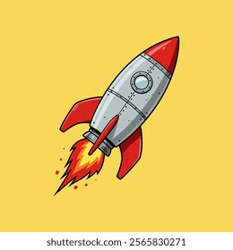 A stylized cartoon rocket ship is depicted ascending with fiery propulsion against a yellow background.