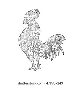 Stylized cartoon rooster or cock made of circle flowers. Hand drawing for adult anti stress coloring page, floral doodle. Zodiac for 2017 New Year of rooster.  Hand drawing imitation. 