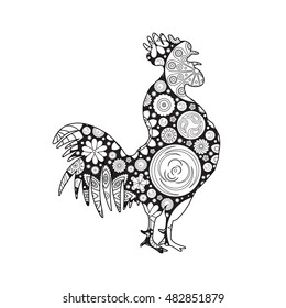 Stylized cartoon rooster or cock made of circle flowers. Hand drawing for adult anti stress coloring page, floral doodle. Zodiac for 2017 New Year of rooster.  Hand drawing imitation. 