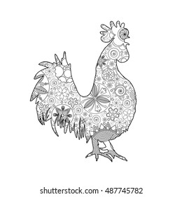 Stylized cartoon rooster or cock made of circle flowers. Hand drawing for adult anti stress coloring page, floral doodle. Zodiac for 2017 New Year of rooster.  Hand drawing imitation. 