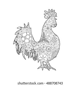 Stylized cartoon rooster or cock made of circle flowers. Hand drawing for adult anti stress coloring page, floral doodle. Zodiac for 2017 New Year of rooster.  Hand drawing imitation. 