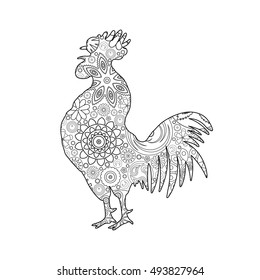 Stylized cartoon rooster or cock made of circle flowers. Hand drawing for adult anti stress coloring page, floral doodle. Zodiac for 2017 New Year of rooster.  Hand drawing imitation. 