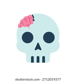 Stylized cartoon skull featuring exposed pink brain
