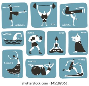 Stylized cartoon sports activities. Vector icon set, 3 colors.