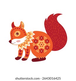 Stylized cartoon squirrel with tribal patterns: floral motifs on the body and hearts on the legs. Ideal for children's textiles, nursery decor, fabric prints and design of children's products.