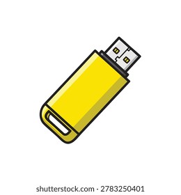 A stylized cartoon style drawing of a yellow USB flash drive isolated on a white background