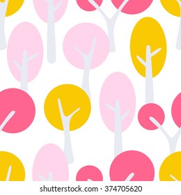 Stylized cartoon tree spring forest seamless pattern. Abstract fun kid tree background for textile fabric and wallpaper.