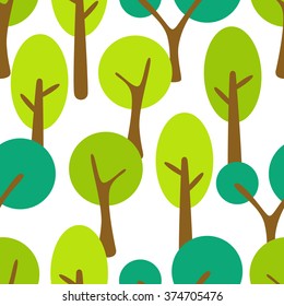 Stylized cartoon tree summer forest seamless pattern. Abstract fun kid tree background for textile fabric and wallpaper.