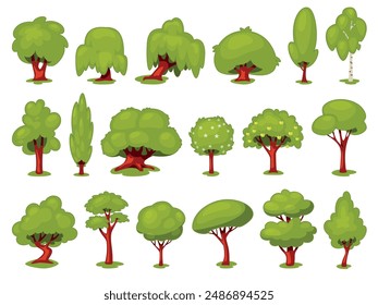 Árboles de dibujos animados estilizados. Fabulosas plantas forestales, jardín decorativo, Elementos aislados, naturaleza salvaje, objetos de parque, artículos de diseño de juegos, árboles de hoja caduca y frutales, conjunto de estilo plano de Vector