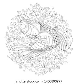 Stylized cartoon trout among algae on a white background. Hand-drawn sketch for coloring pages. Vector illustration