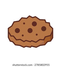 A stylized cartoon vector icon of a single round cookie with dark chocolate chips isolated on a plain white background