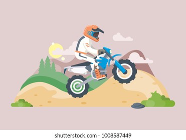 Stylized Cartoon Vector Illustration of man jumping with motocross with sun, forest, and mountain in the background