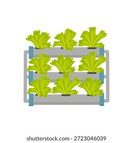 Caricatura estilizada de uma configuração hidropônica vertical com alface em três camadas, ideal para visuais em agricultura NFT, agricultura sem solo, sustentabilidade e produção urbana moderna de alimentos.