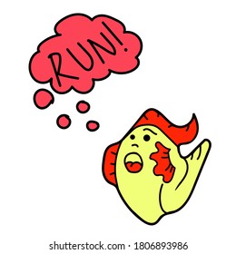 The stylized cartoon waterfowl monster is scared, running and screaming.