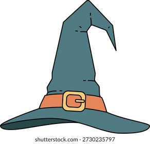 Stylized cartoon witch hat in teal with a wide brim, an orange band, and a gold buckle. A classic Halloween symbol perfect for festive designs, costumes, or spooky graphic projects.