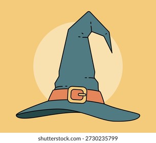 Stylized cartoon witch hat in teal with a wide brim, an orange band, and a gold buckle. A classic Halloween symbol perfect for festive designs, costumes, or spooky graphic projects.