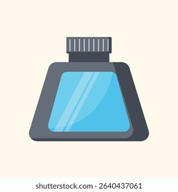 Stylized, cartoonish depiction of a bottle with a light-blue liquid inside. The bottle has a dark-gray colored body and a light-gray colored cap with a textured pattern. 
