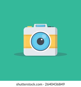 Stylized, cartoonish illustration of a camera.  The camera has a light gray white body with yellow accents.  The camera lens is a bright, vibrant blue, and the overall design is simple, flat,