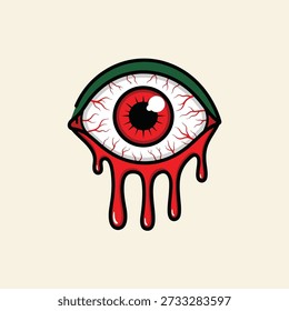 Un globo ocular rojo estilizado y caricaturesco con vasos sanguíneos visibles, goteando sangre desde su borde inferior, enmarcado por un párpado verde.