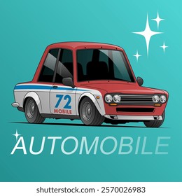 a stylized, cartoonish red and white car with the number '72' and the word 'MOBILE' on its side, set against a teal background with the word 'AUTOMOBILE' below it