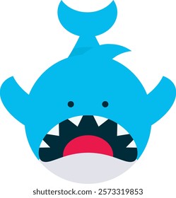 Stylized, cartoon-like depiction of a blue shark facing forward with its mouth open, revealing sharp white teeth and a red tongue. 