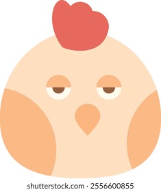 Stylized, cartoon-like depiction of a chicken's face with a red comb, small eyes, sleepy expression, orange beak, and round face with orange patches on the cheeks.