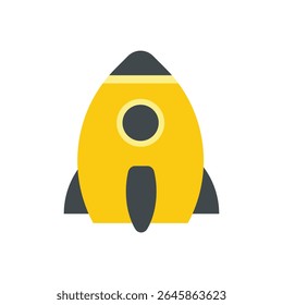 A stylized, cartoon-like rocket ship dominates the composition, set against a stark white background. The rocket is primarily a vibrant yellow, its body a rounded, almost egg-like shape.