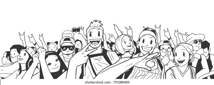 Stylized cartoony illustration of party, festival crowd going crazy at concert in black and white