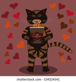 Stylized cat with a cup of coffee on a pink background. 
