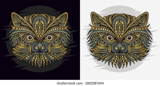 Stylized cat in ethnic vector black and white background