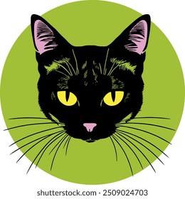 Face de gato estilizado em um círculo. Banner ou logotipo para um site ou clube de criadores de gatos. Ilustração vetorial Um gato preto com olhos amarelos olha para você seriamente. Imensos bigodes do gato vão além do círculo