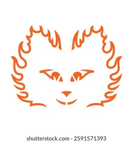 Stylized cat face, fiery orange outline, flame-like fur, piercing eyes, minimalist design.