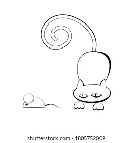 A stylized cat in front of the jump and the mouse. A black-and-white outline image on a white isolated background. Vector illustration.