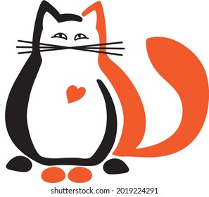 Stylized cat logo with simplified laconic silhouette outline in black and orange color on a white background