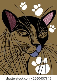 Stylized cat portrait with artistic paw prints on a warm brown abstract background
