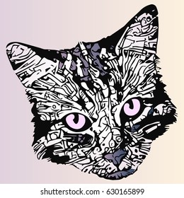stylized cat portrait in blue and violet
