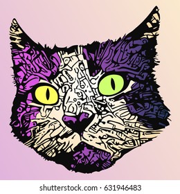 stylized cat portrait in purple and yellow