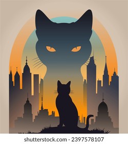 Stylized cat silhouette on the background of the city at sunrise, at sunset, vector.
With its shadow reflected in the sky