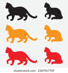 Stylized cat silhouette vector set featuring walking and sitting cat poses in black