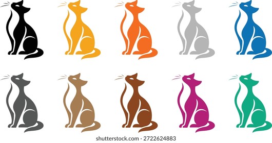 Stylized cat silhouettes in multiple colors, Colorful feline icons collection on white background