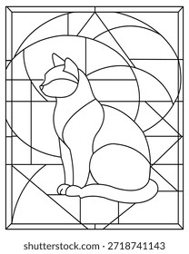 Gato estilizado sentado graciosamente com um plano de fundo padrão geométrico para colorir