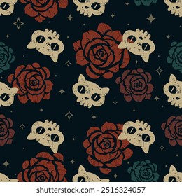 Stylized cat skulls and blooming roses on dark background. Mystical vector seamless pattern