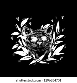 Stylized cat in a wreath of leaves. Template for cards and any printing products, printing on clothing. Vector illustration.
