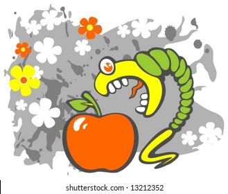 Stylized caterpillar and apple on a gray grunge background with flowers.