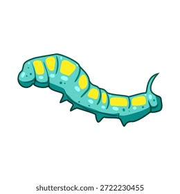 Característica estilizada de lagarta com um corpo turquesa vibrante com manchas retangulares amarelas brilhantes e pequenos picos, ilustrando a vida dos insetos e conceitos de metamorfose