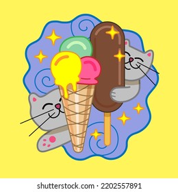 Stylized  cats and colorful balls of ice cream. Drawings for children. Kindergarten poster. Vector illustration.